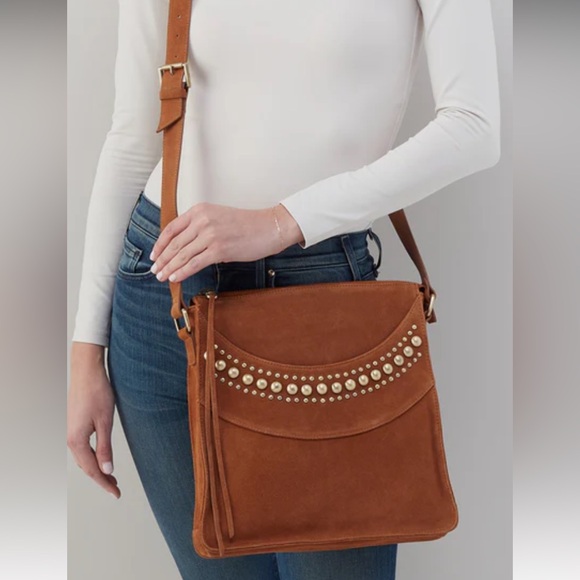 HOBO Tan Suede Mystic crossbody Shoulder Bag with metal Accents - Picture 1 of 8